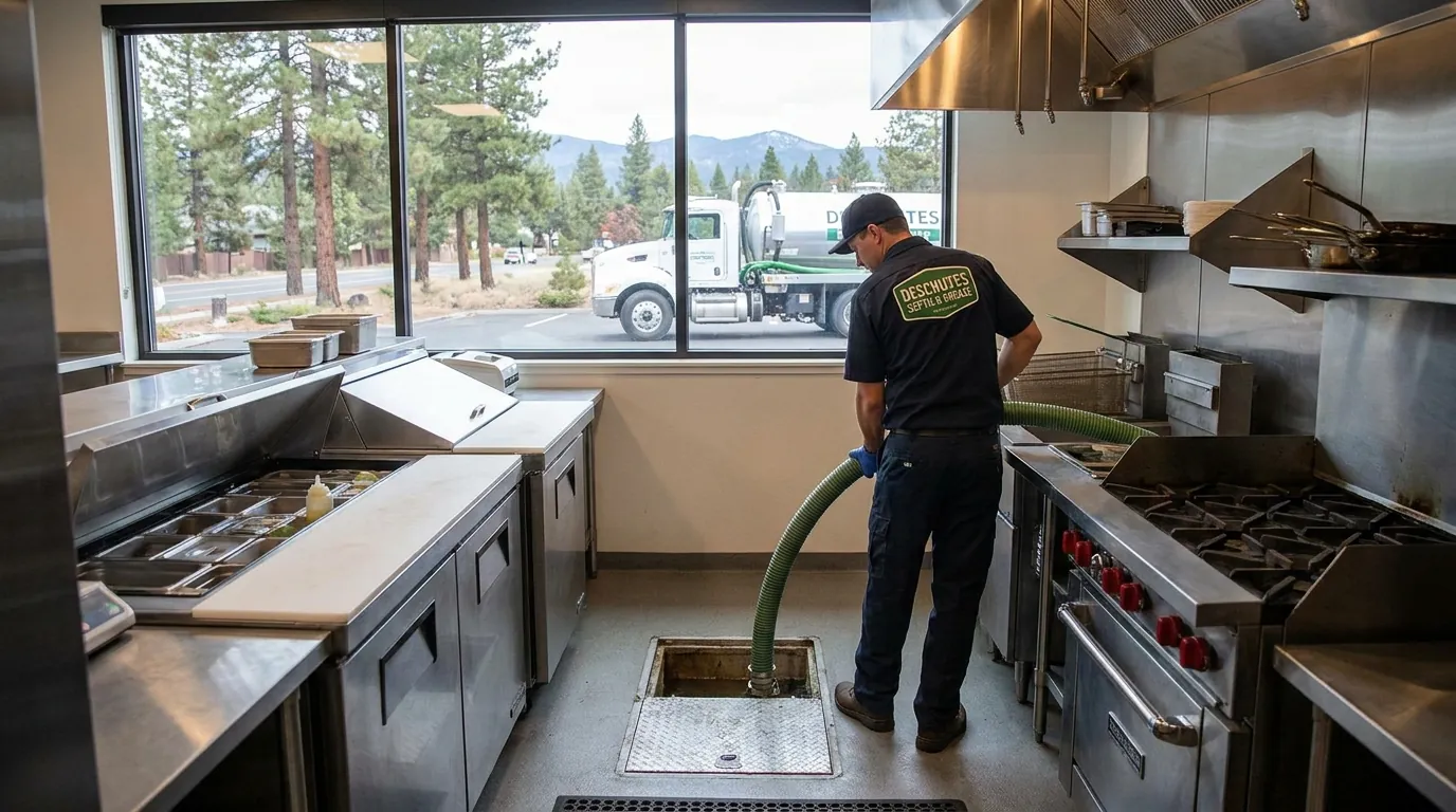 A commercial kitchen grease trap being pumped in Bend, Oregon