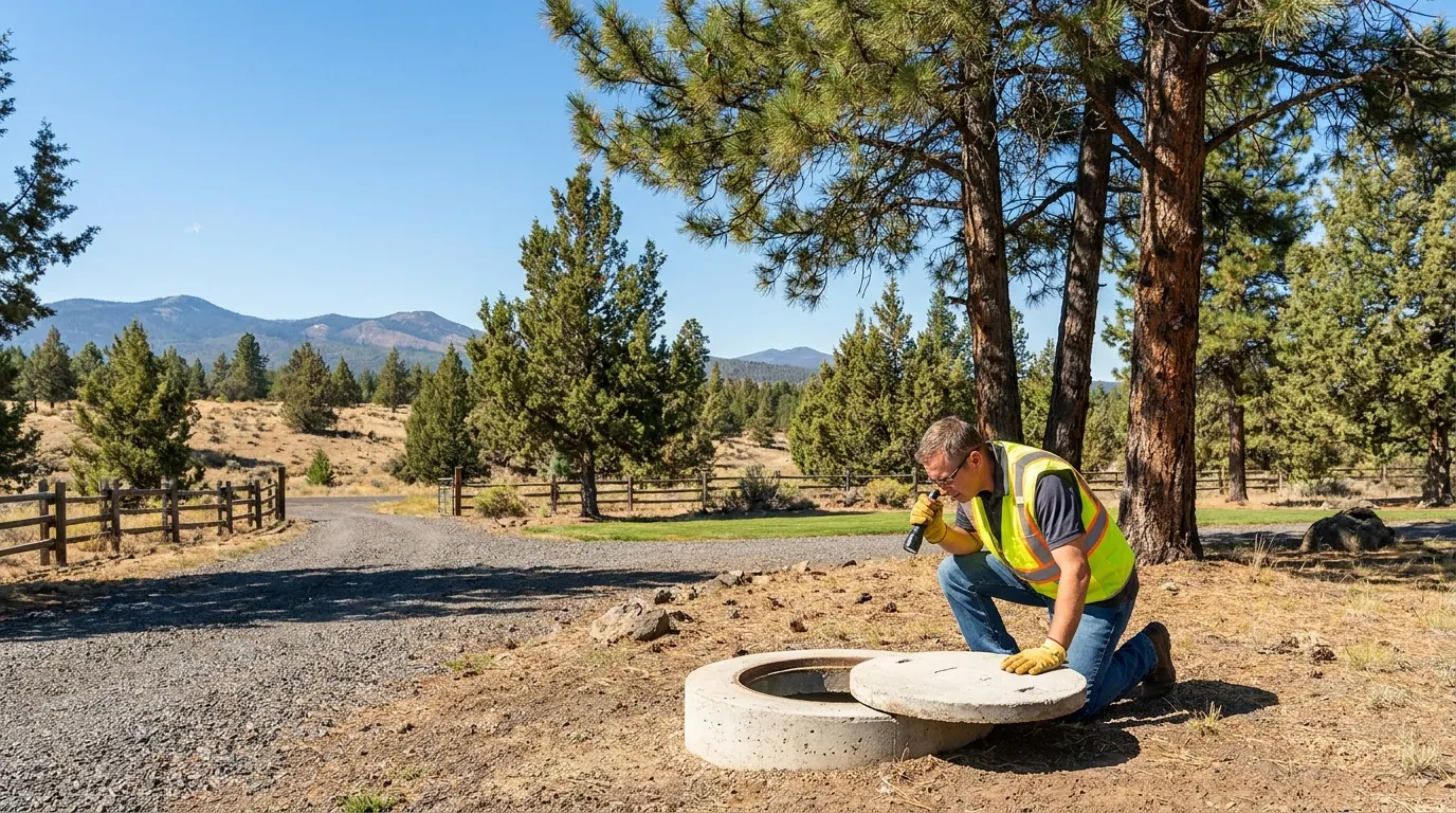 An open septic tank lid being inspected on a Central Oregon property