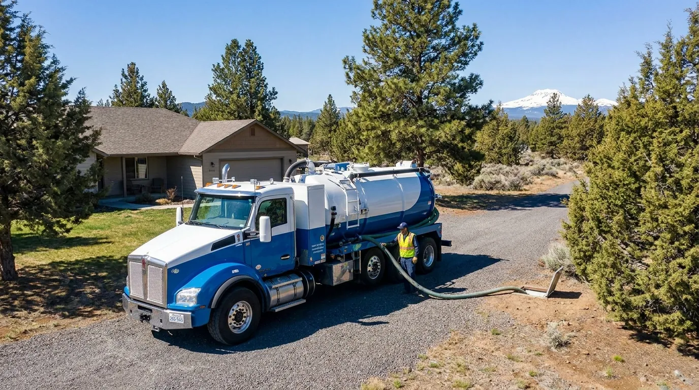 A vacuum truck pumping a residential septic tank in Central Oregon